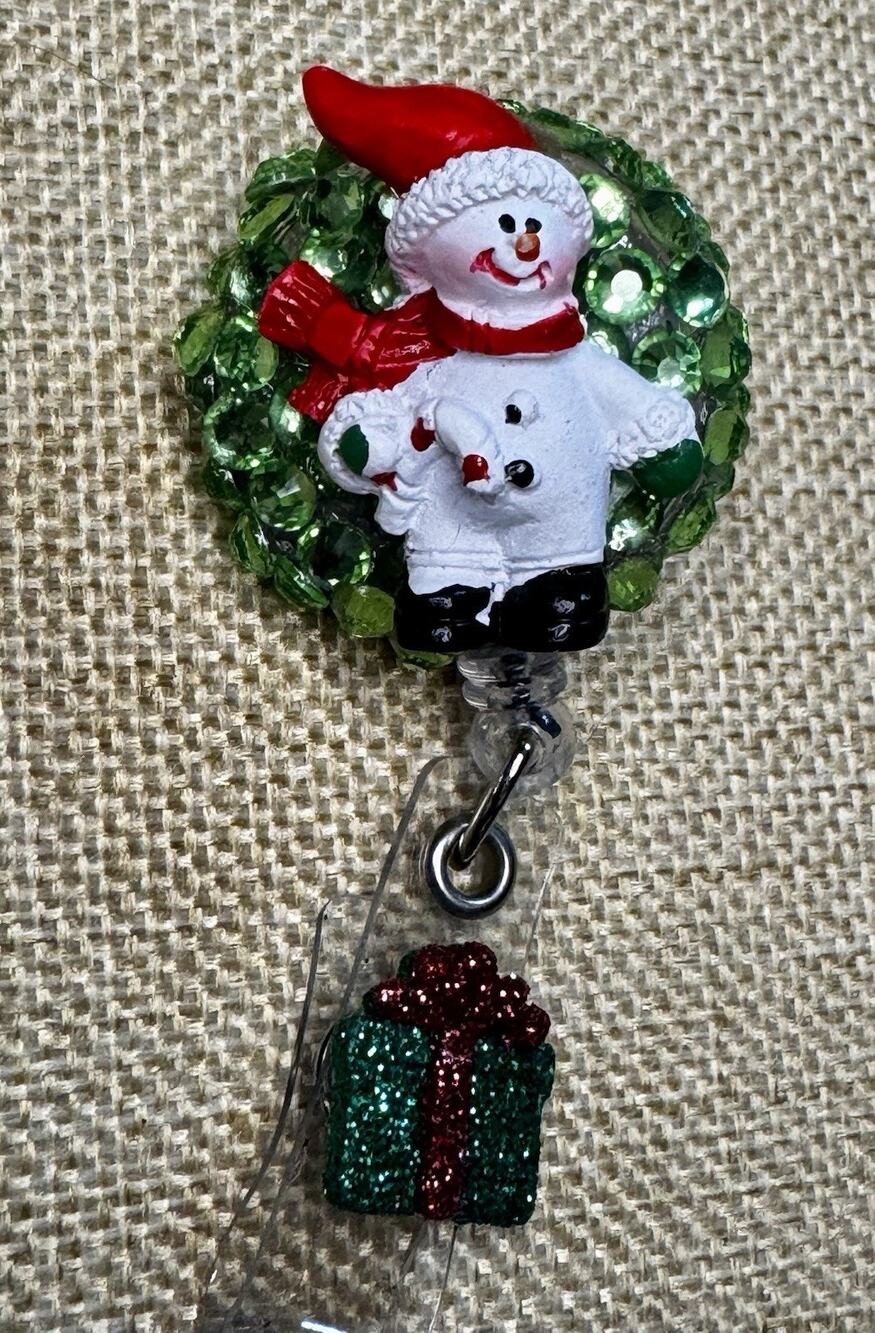Snowman On Green Rhinestones Retractable Reel ID Badge Holder Handmade